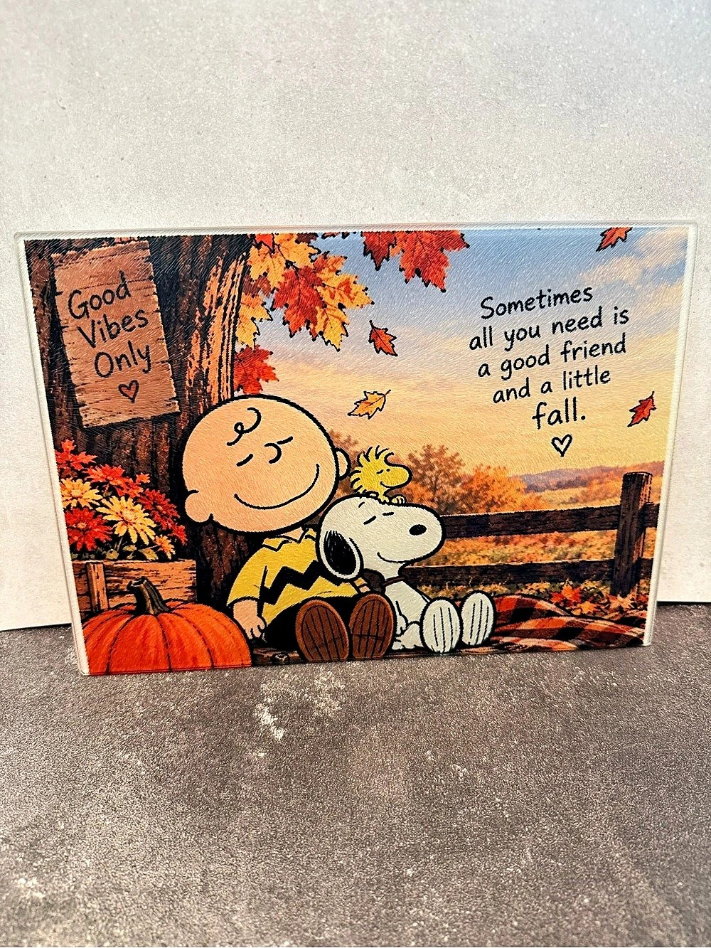 Peanuts Fall Glass cutting board